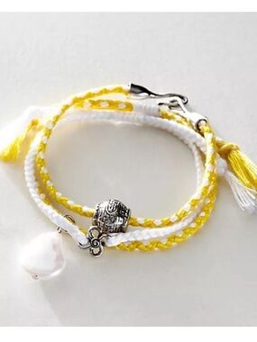 Free People Yellow and White Braided Multi-Strand Bracelet with Pearl Charm